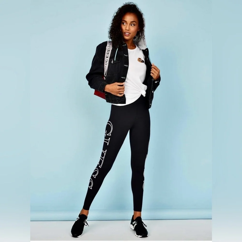 GUESS Black Logo Leggings Women’s Large Women’s Gym Tights Workout - Picture 2 of 9